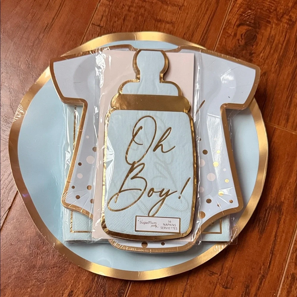 READ - NWT Baby Boy Blue Gold Plates Napkins Baby Shower Party Tableware